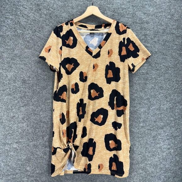 SheIn Mini Dress Women L Large Beige Animal Print V-Neck Short Sleeve Casual - Picture 1 of 6